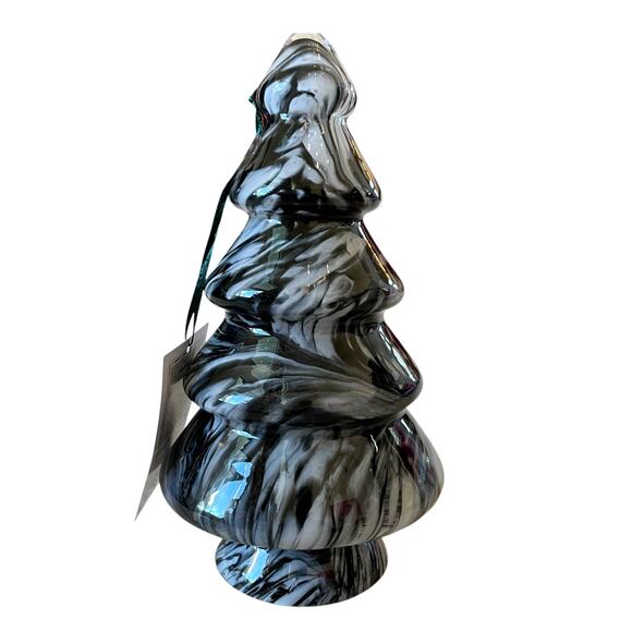Art Glass CHRISTMAS TREE 10in Black White Marble Handmade in Poland NEW - Picture 10 of 10